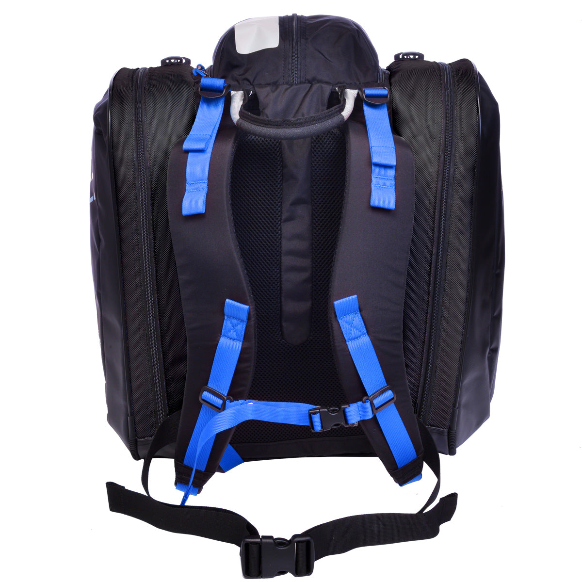 Kulkea heated ski boot bag, black with white and blue accents. Shoulder straps and plenty of zippered compartments.
