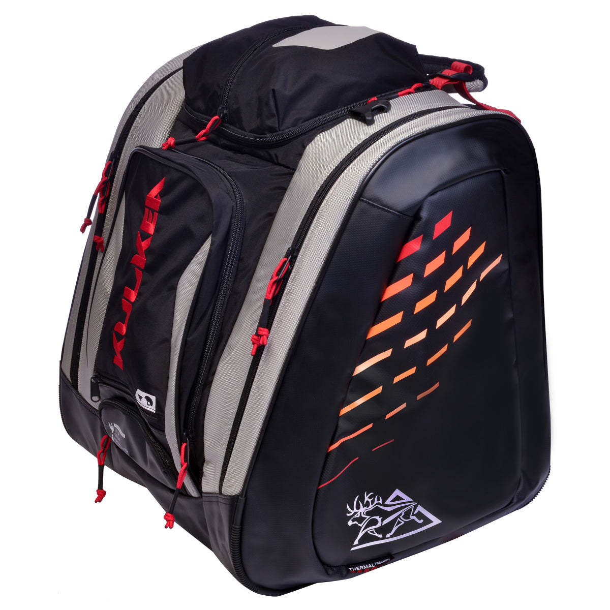 Kulkea heated ski boot bag, black with grey and red accents. Shoulder straps and plenty of zippered compartments.