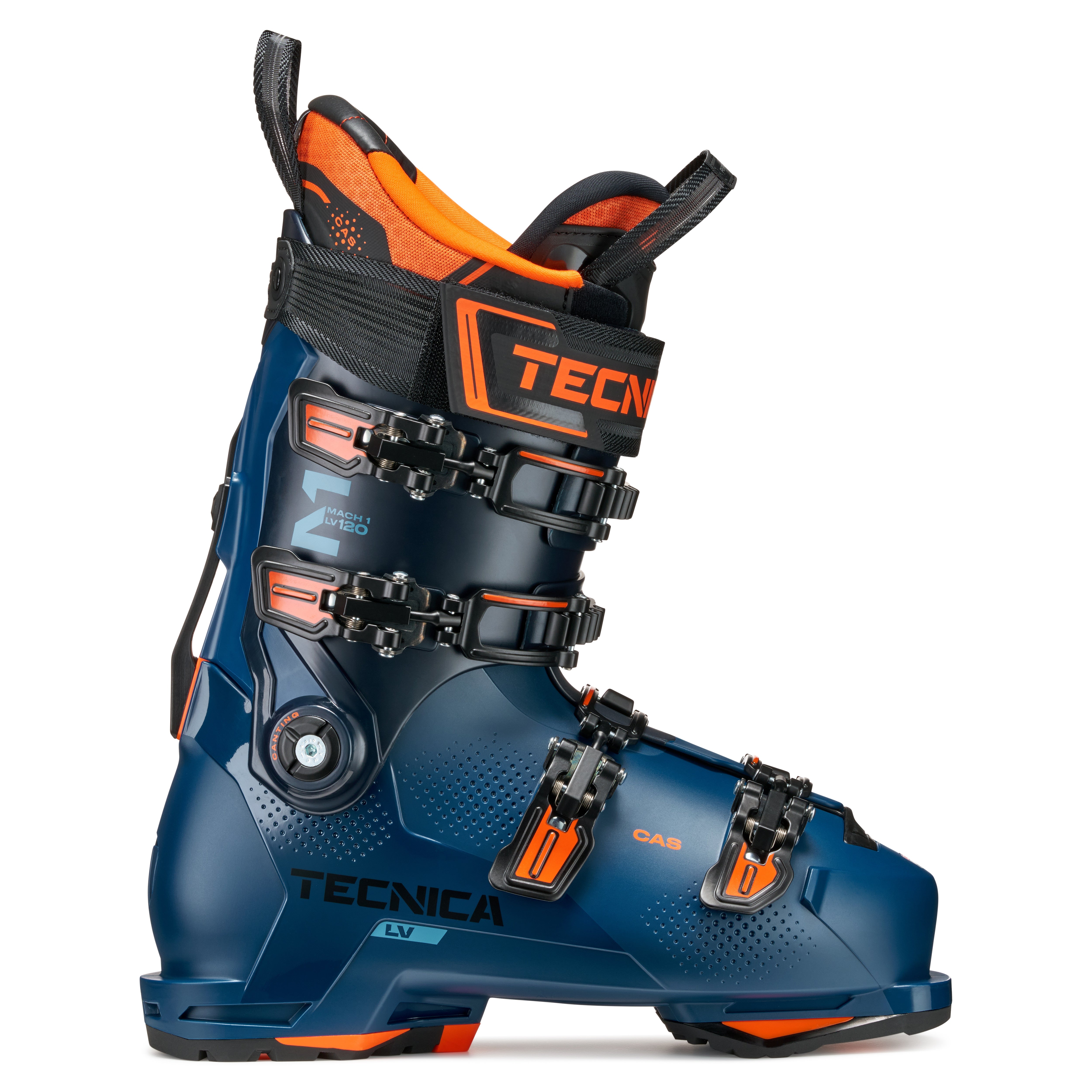This Tecnoica ski boot is mostly all blue but has many orange color accents.