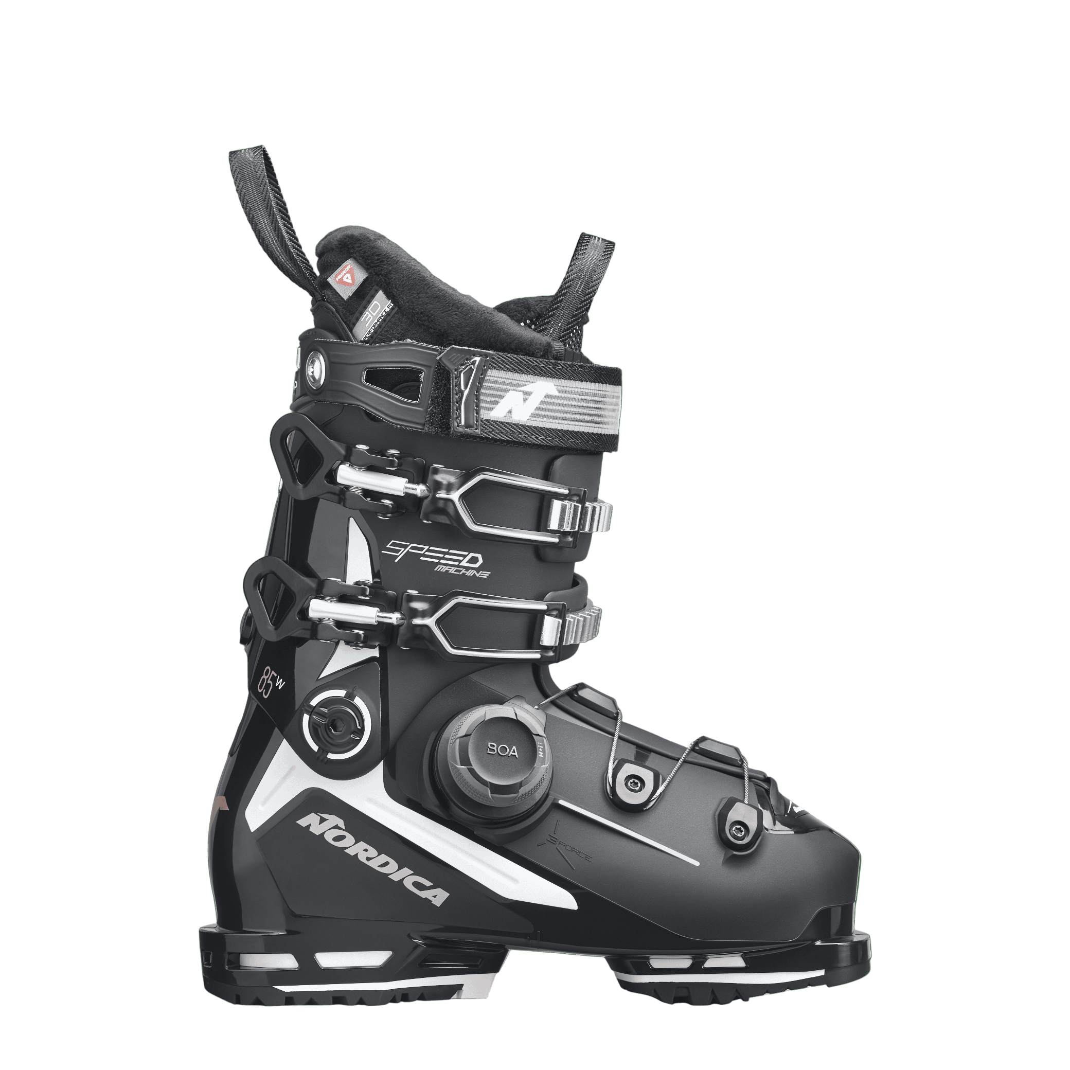 All black ski boot with a white streak on the lower cuff. Top two buckles and the bottom shell has a BOA system.