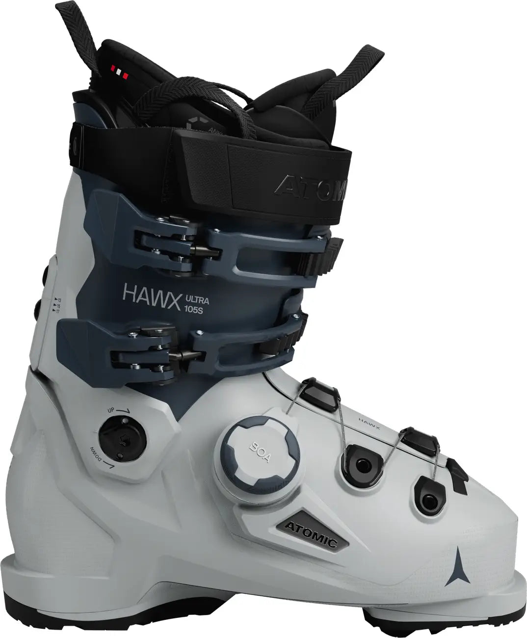 White and black ski boot with 'Atomic' branding on a white background.