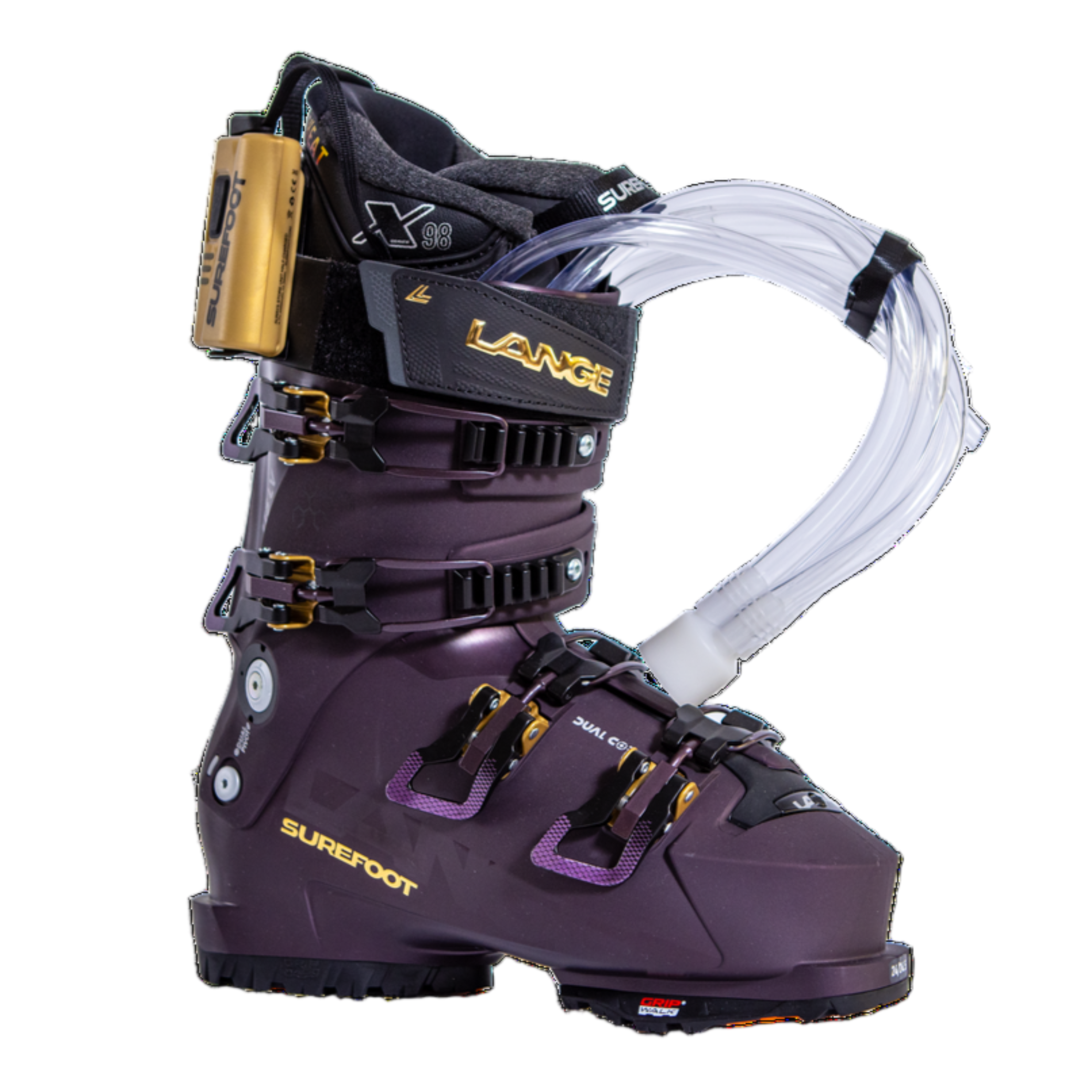 This dark purple ski boot has gold accents on the buckles and SUREFOOT logo. THere is a gold ski boot heater attached to the strap and tubes coming out of the otngue where it gets foamed.