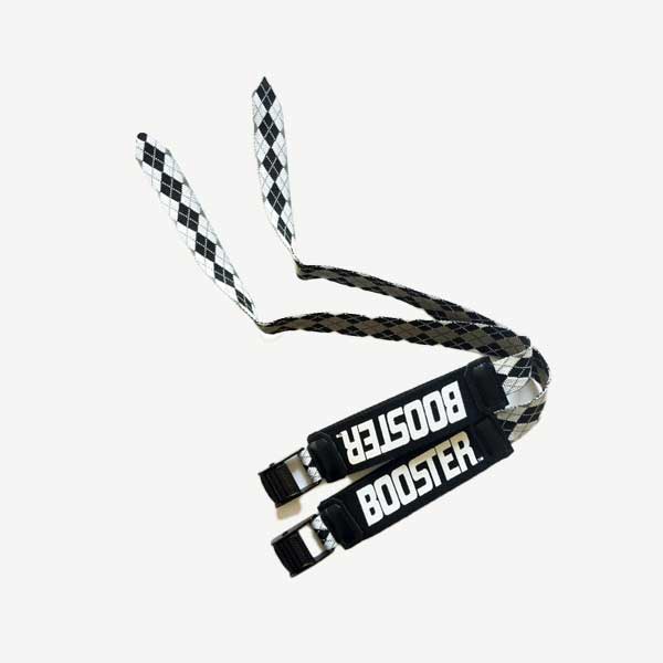 Black and white checkered lanyard with 'Booster' branding on a white background