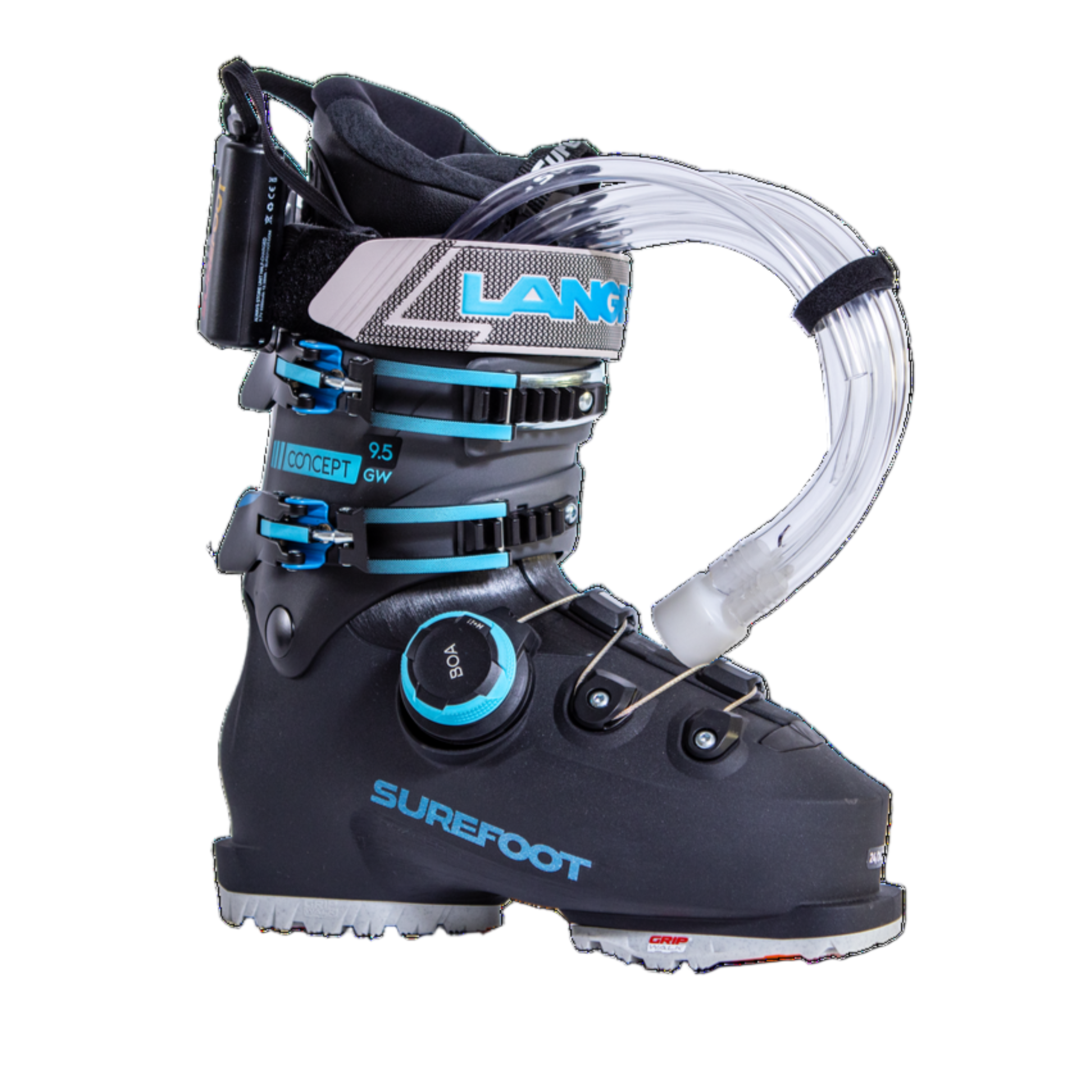 This dark rey ski boot has two buckles on the upper cuff, and a BOA system on the lower cuff. The top buckles are a black fade to lighter blue, and the power strap also has blue.