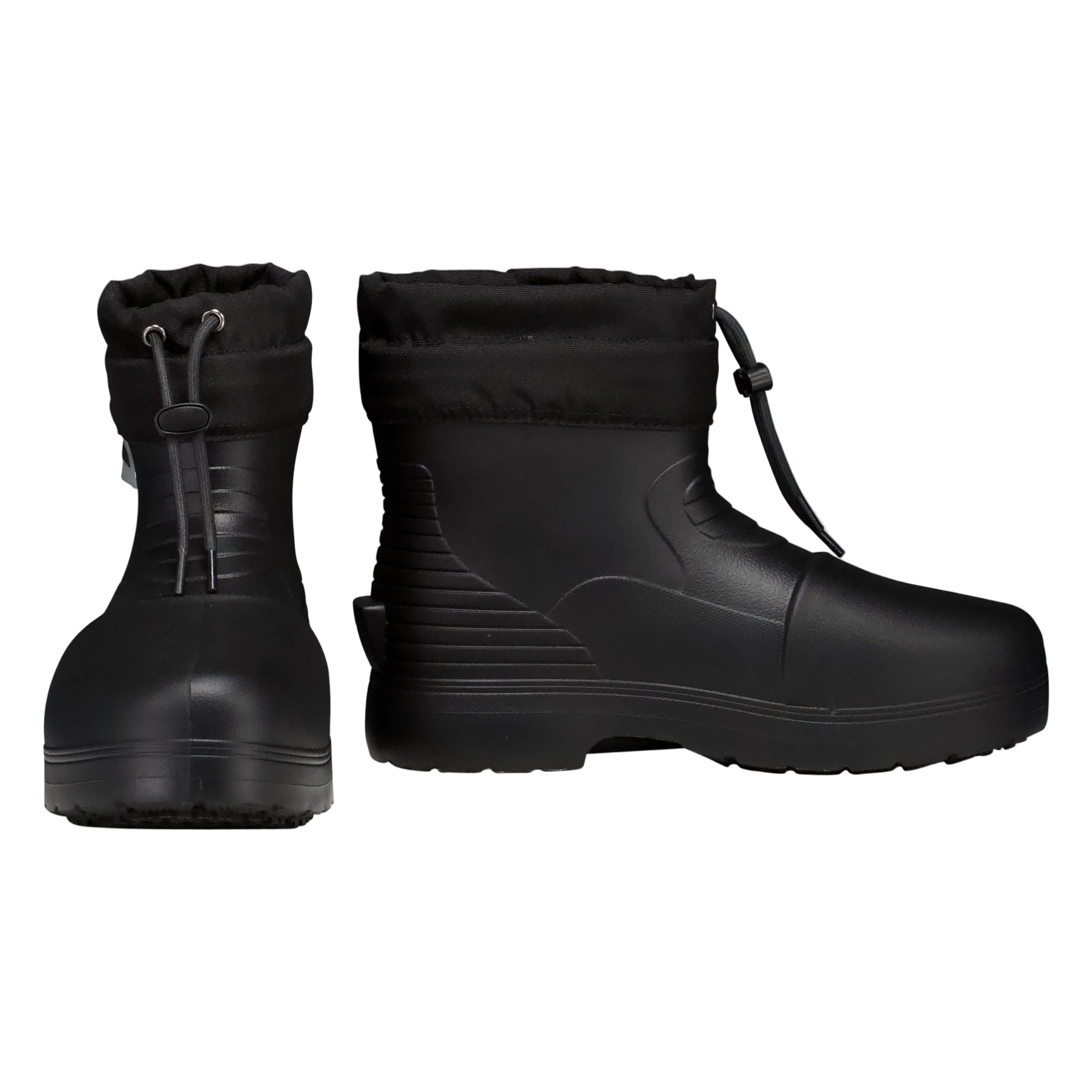 Pair of black rubber boots on a light gray background