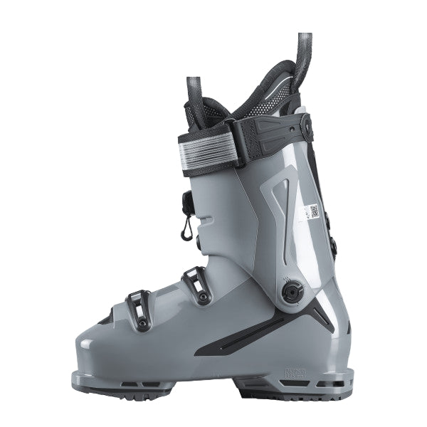 the Speedmachine 120 ski boot is a mix of shiny and matte grey colors. the inside of the boot is mostly gray with a little black.