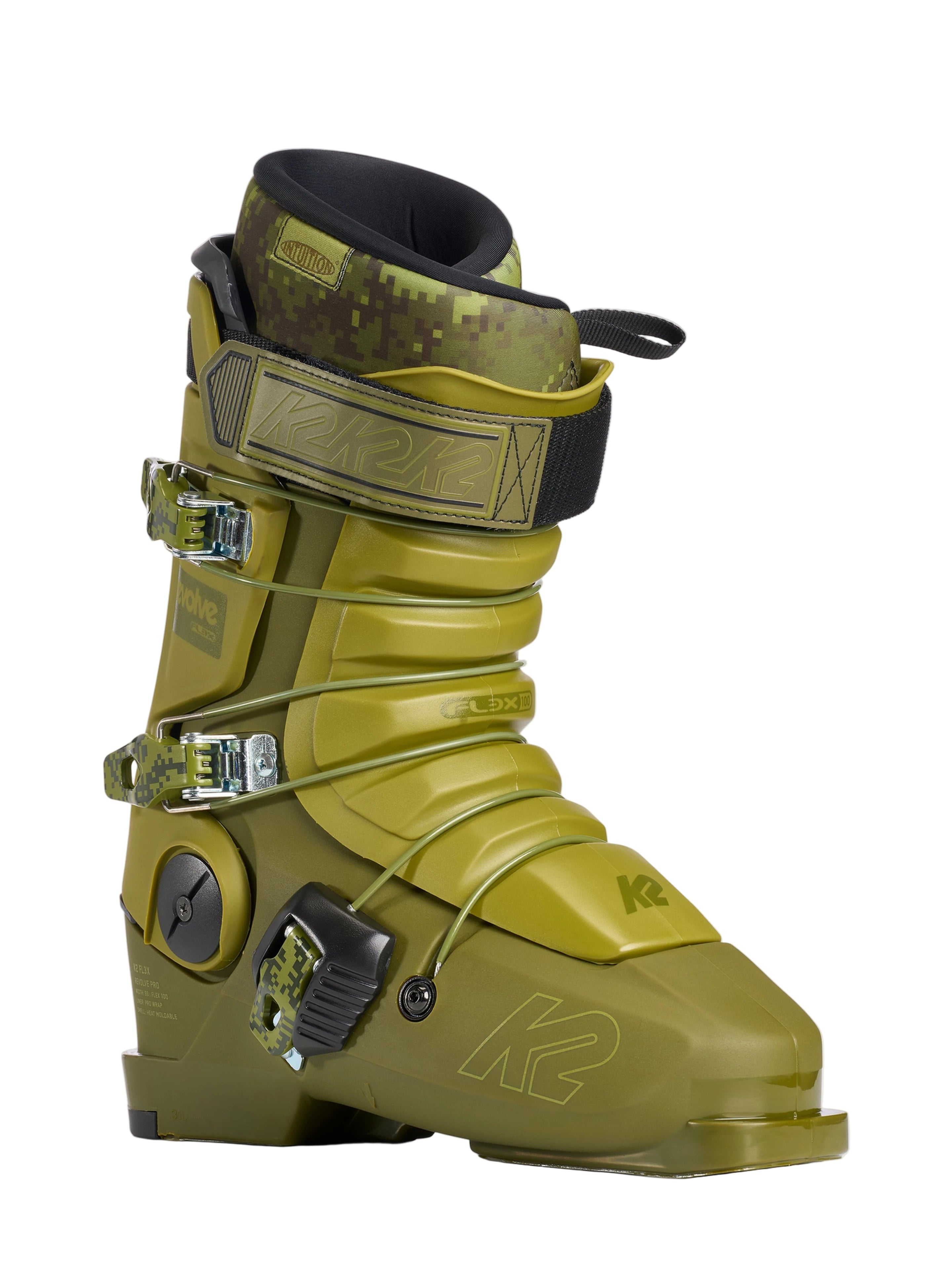 Green ski boot with K2 branding on a white background