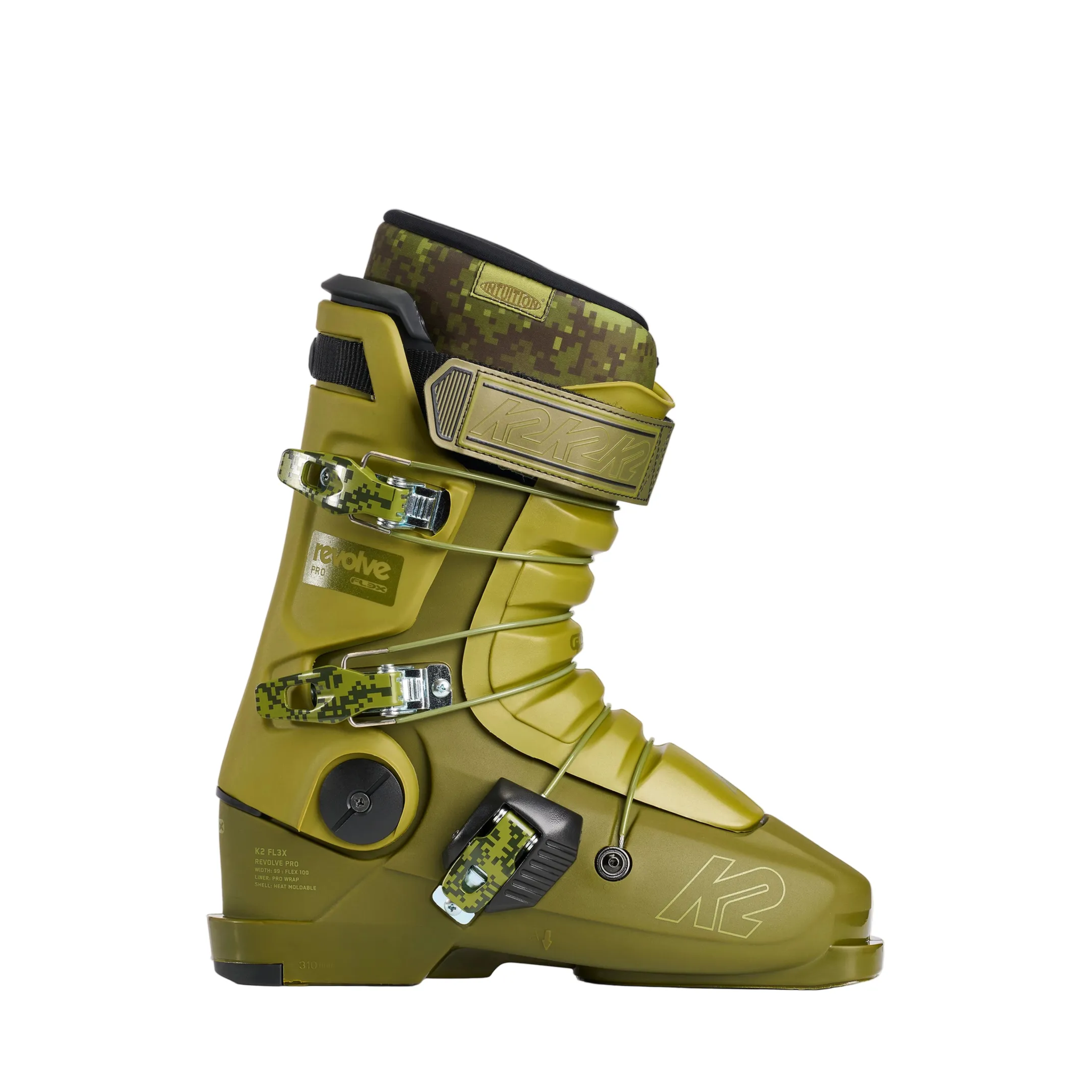 Green ski boot with brand logo on a white background