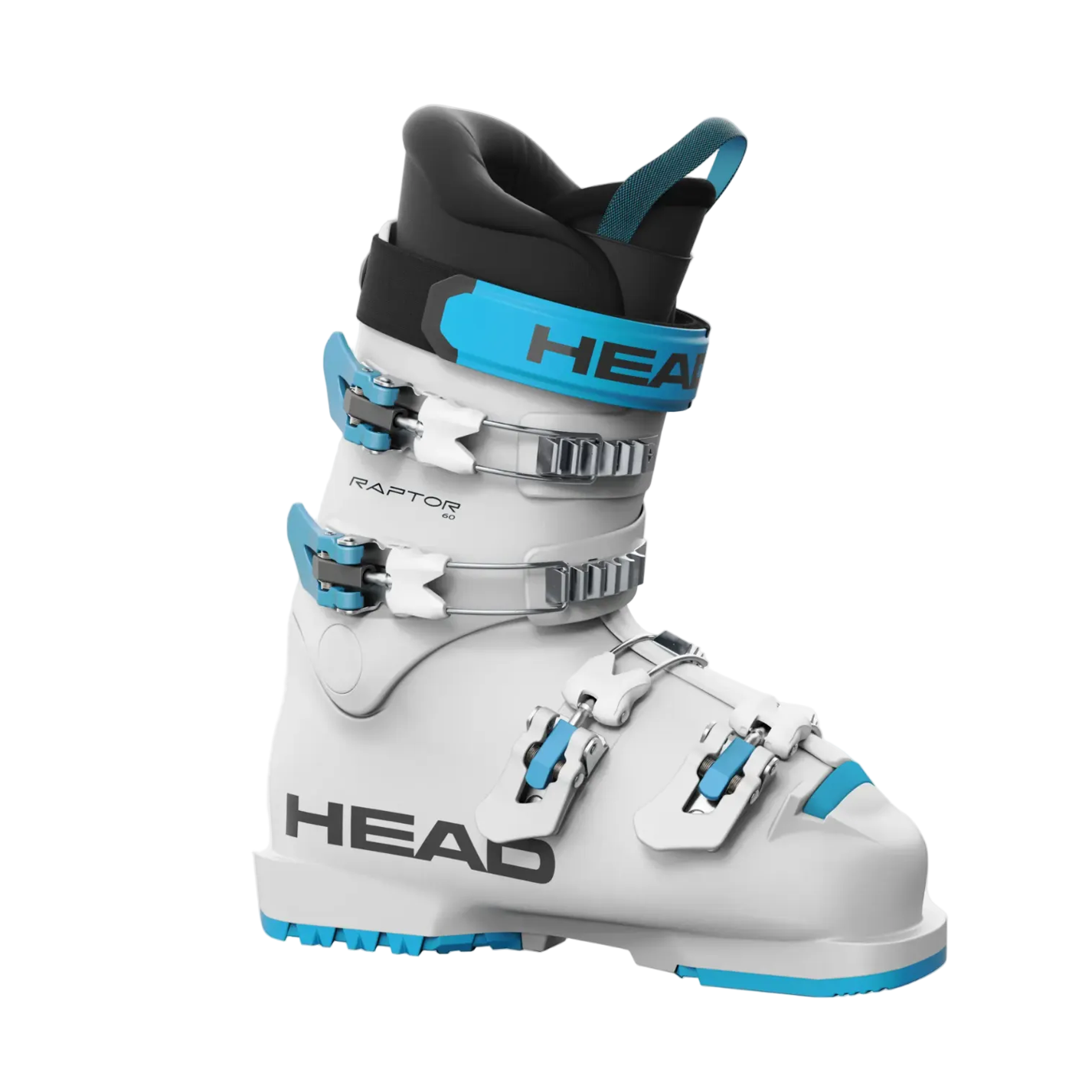 White ski boot with blue accents on a white background