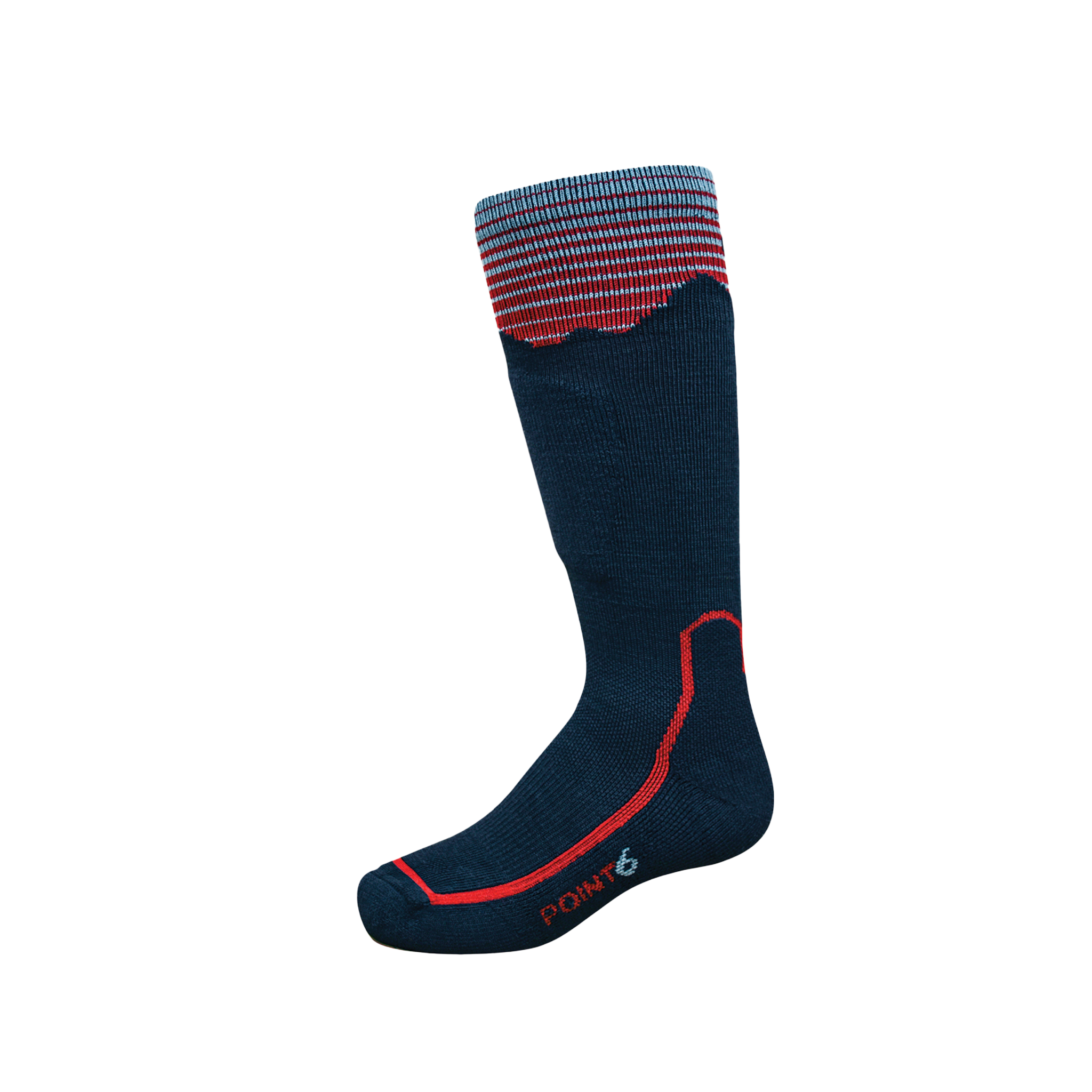 Point6 Kids Mountain Magic Light OTC Ski Socks navy blue with red and light blue mountain designs.