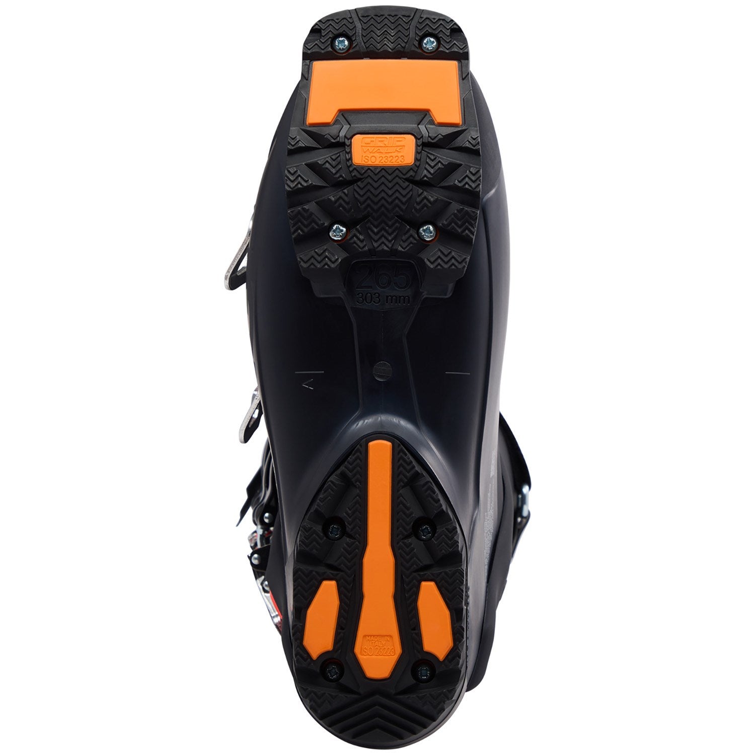 Close-up of a black and orange snow shoe sole on a white background
