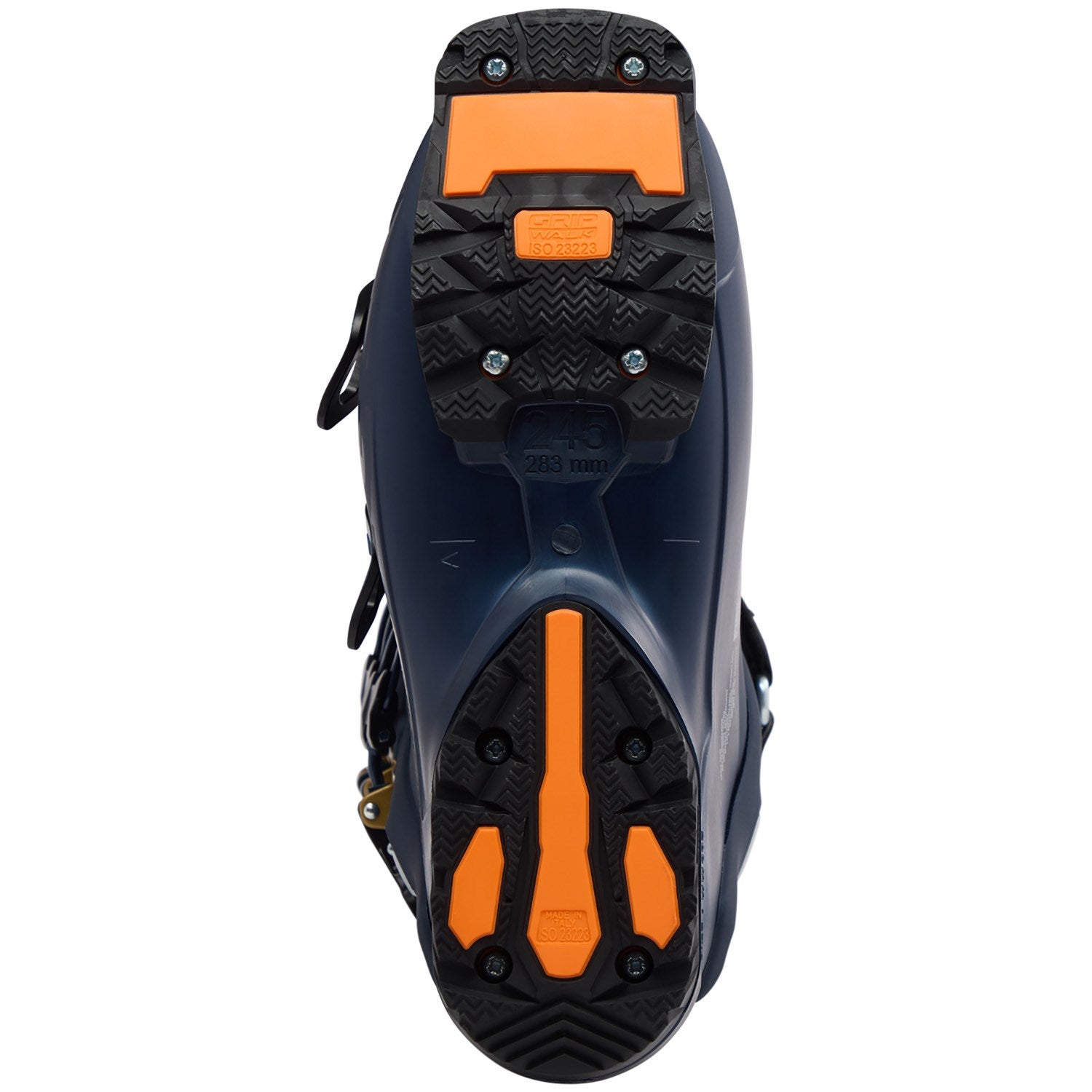 Close-up of a snowshoe sole with orange cleats on a white background