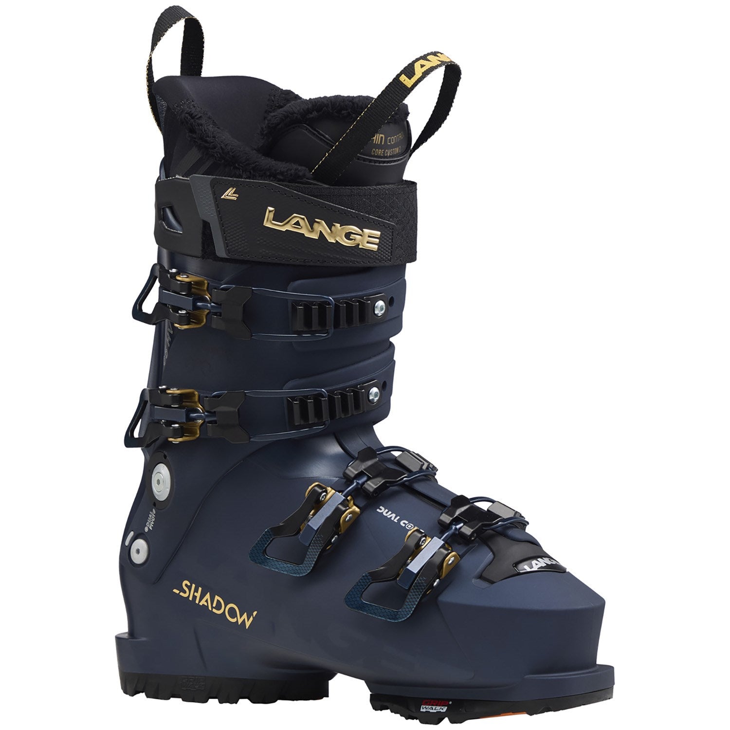 Navy ski boot with gold branding on a white background