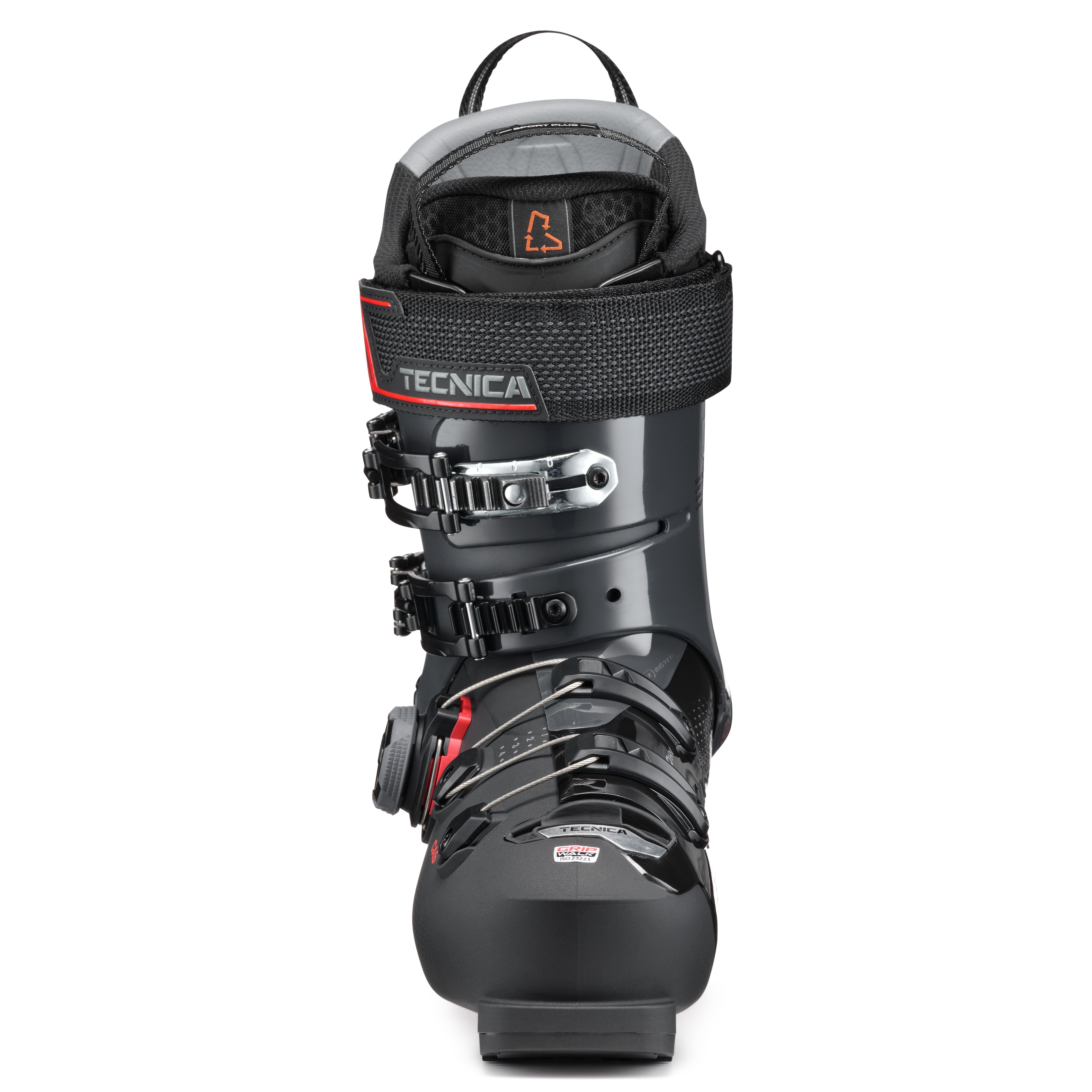 Black men's Tecnica ski boot on a white background
