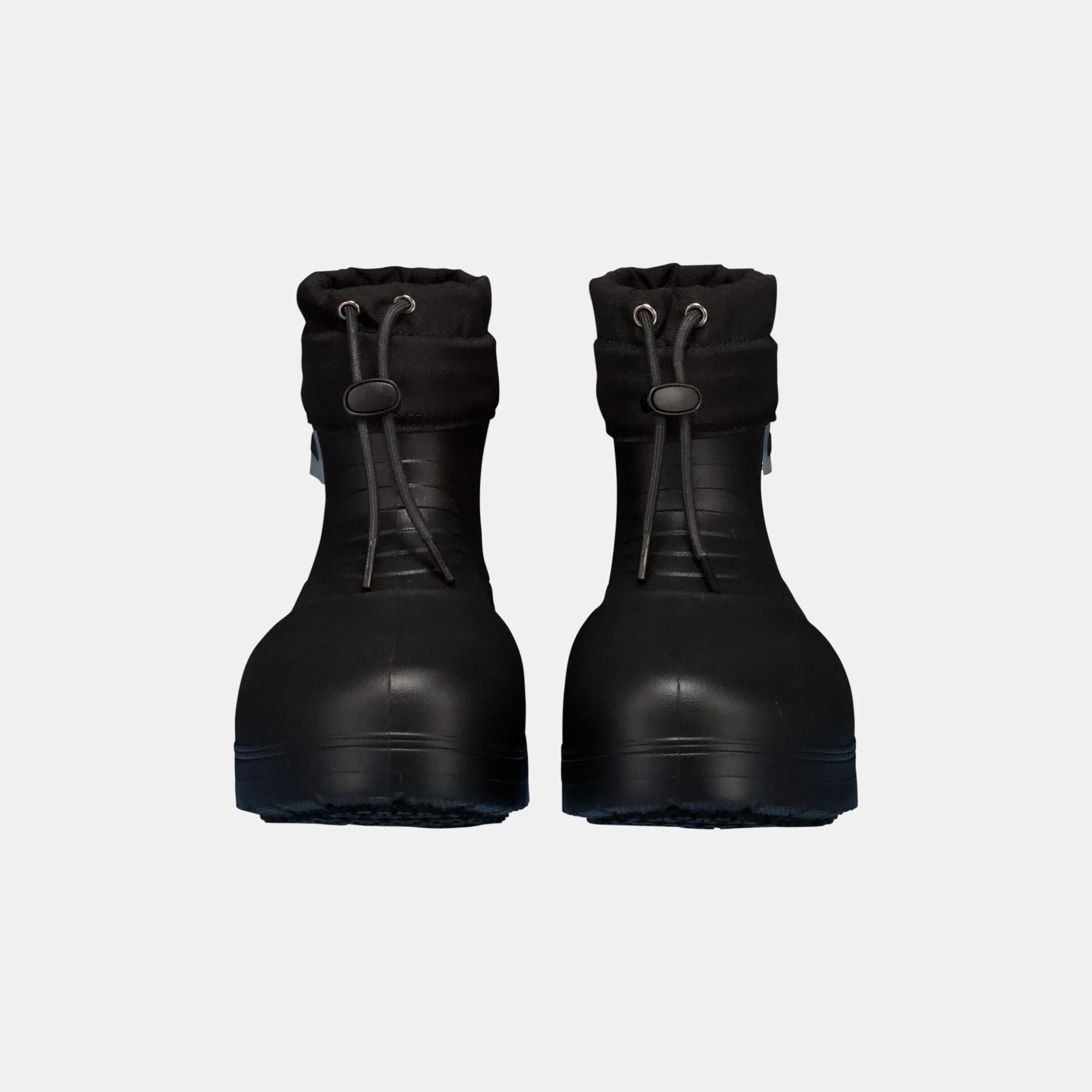 Pair of black Fubuki rubber boots on a light gray background.