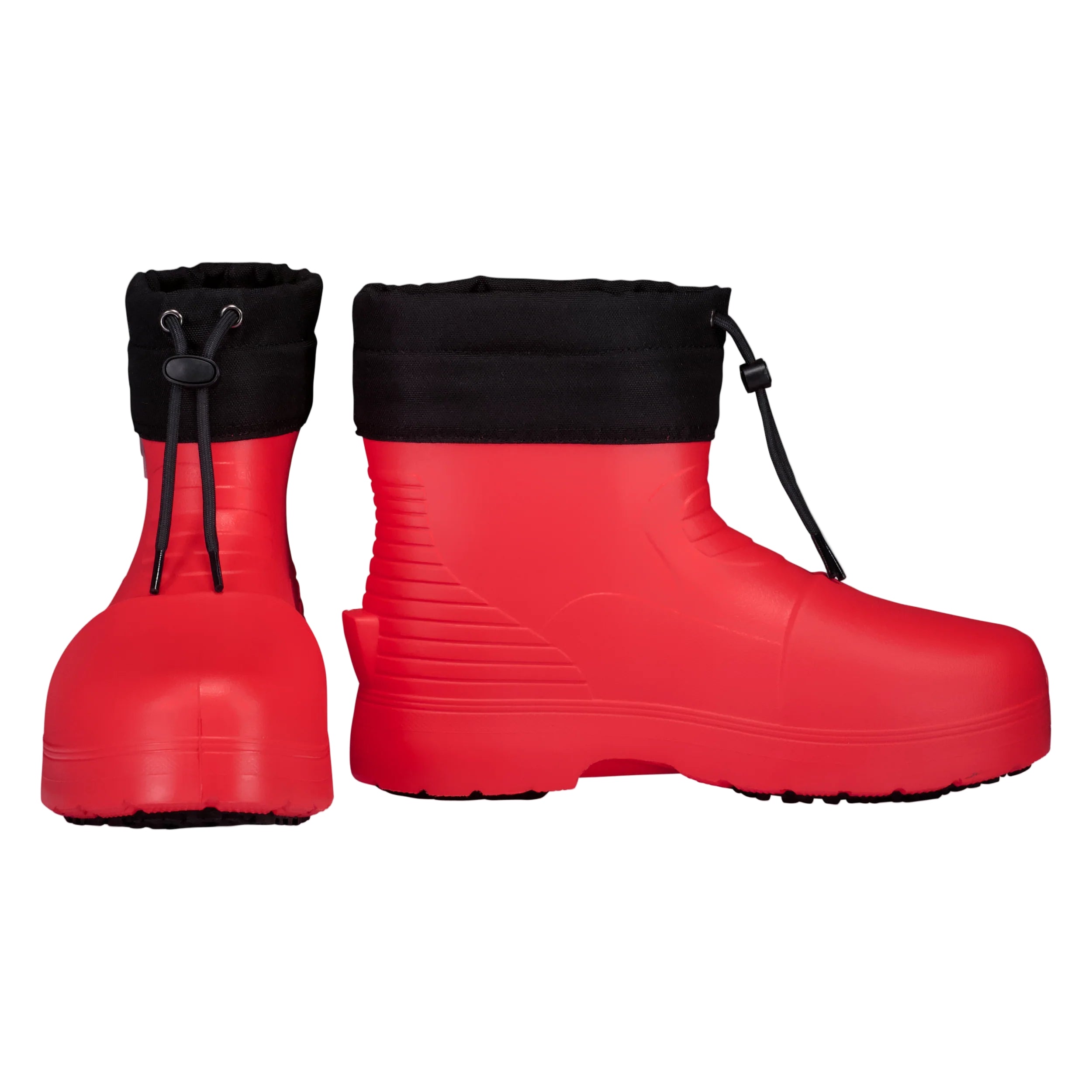 Red rubber boots with black cuffs on a light gray background