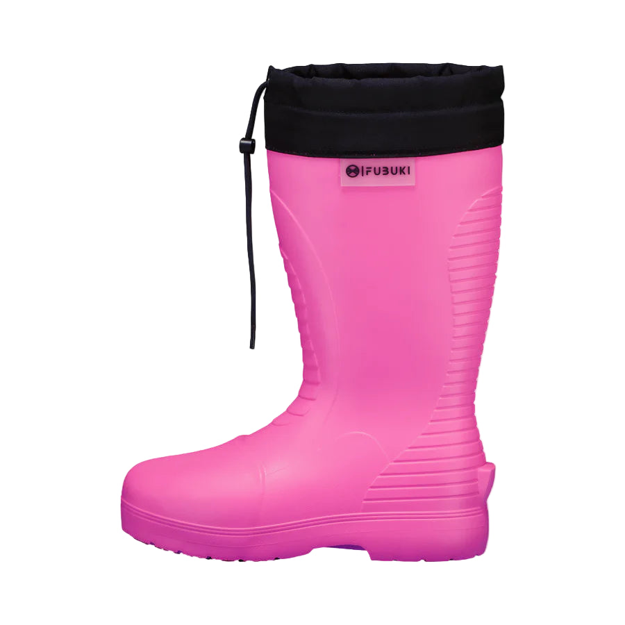 Pink rubber boot with black top on a white background