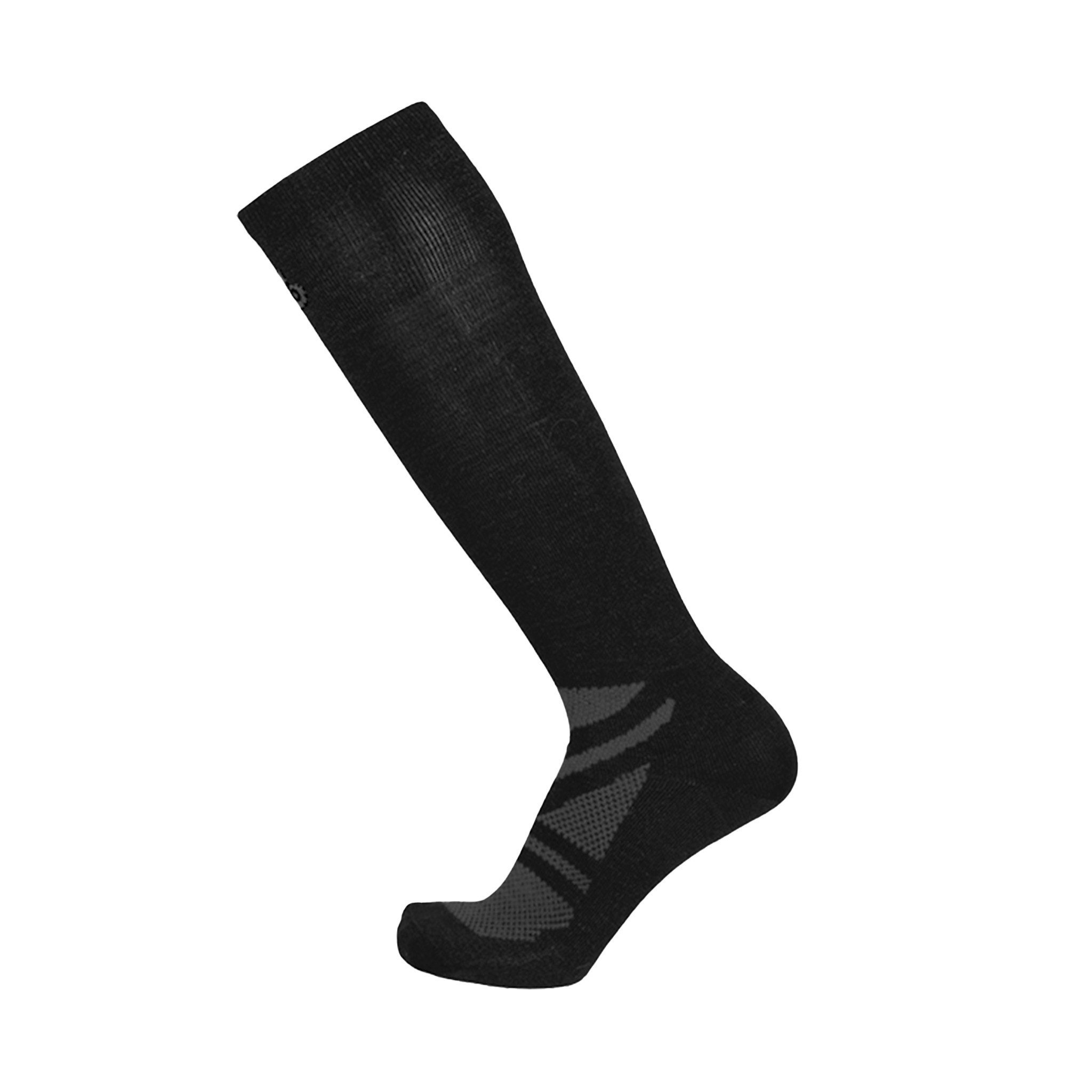 The ski sock is all black around the leg and has a bit of grey over the top of the foot.