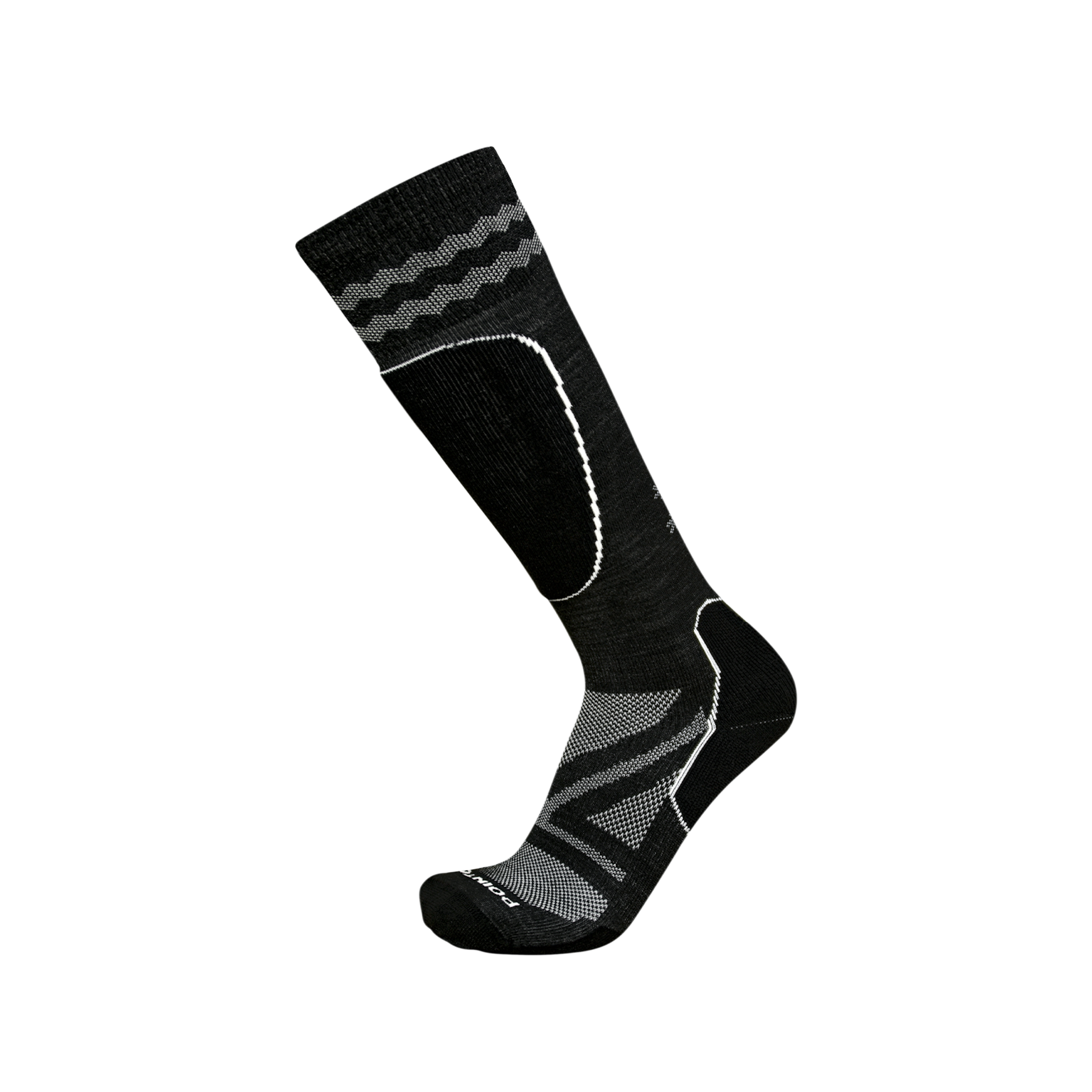Point6 Powder Pro Light OTC Ski Socks black with white and grey design details.