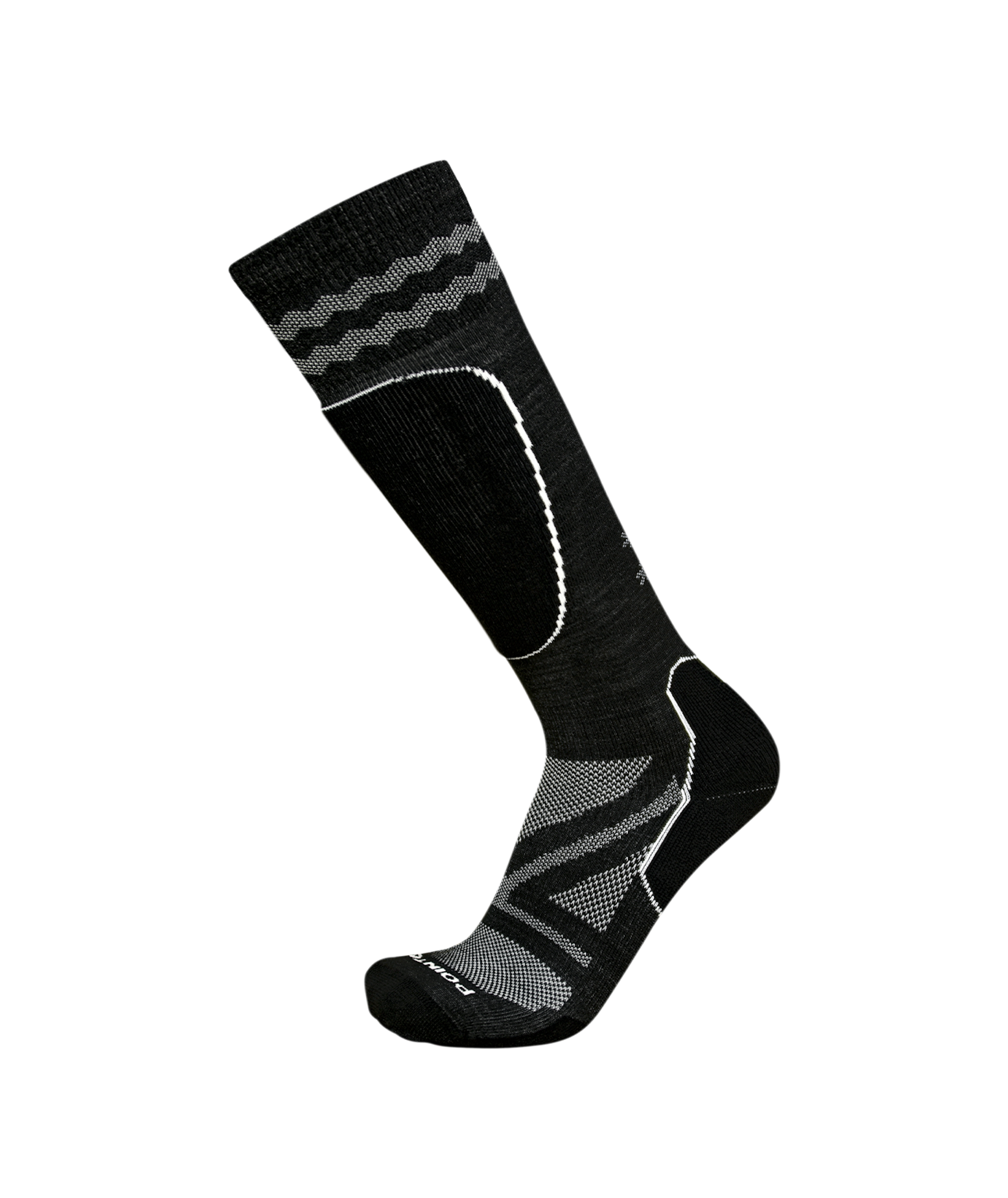 Point6 Powder Pro Light OTC Ski Socks black with white and grey design details.