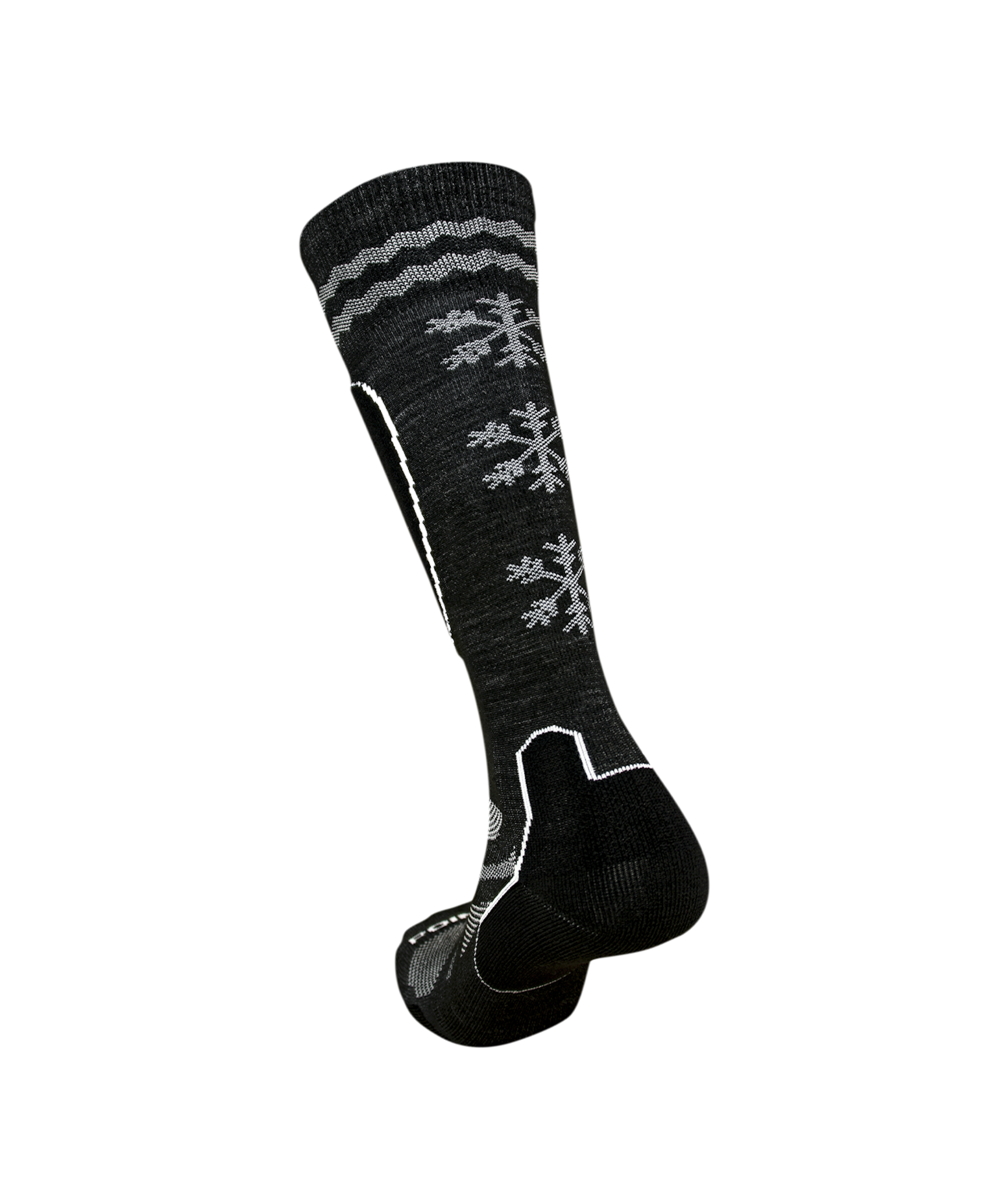 Point6 Powder Pro Light OTC Ski Socks black with white and grey designs and snowflake details.