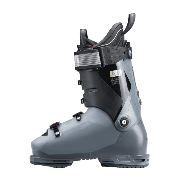 the inner side of the ski boot has a gray lower cuff, there is a hinge connected the lower to the upper cuff that is black.