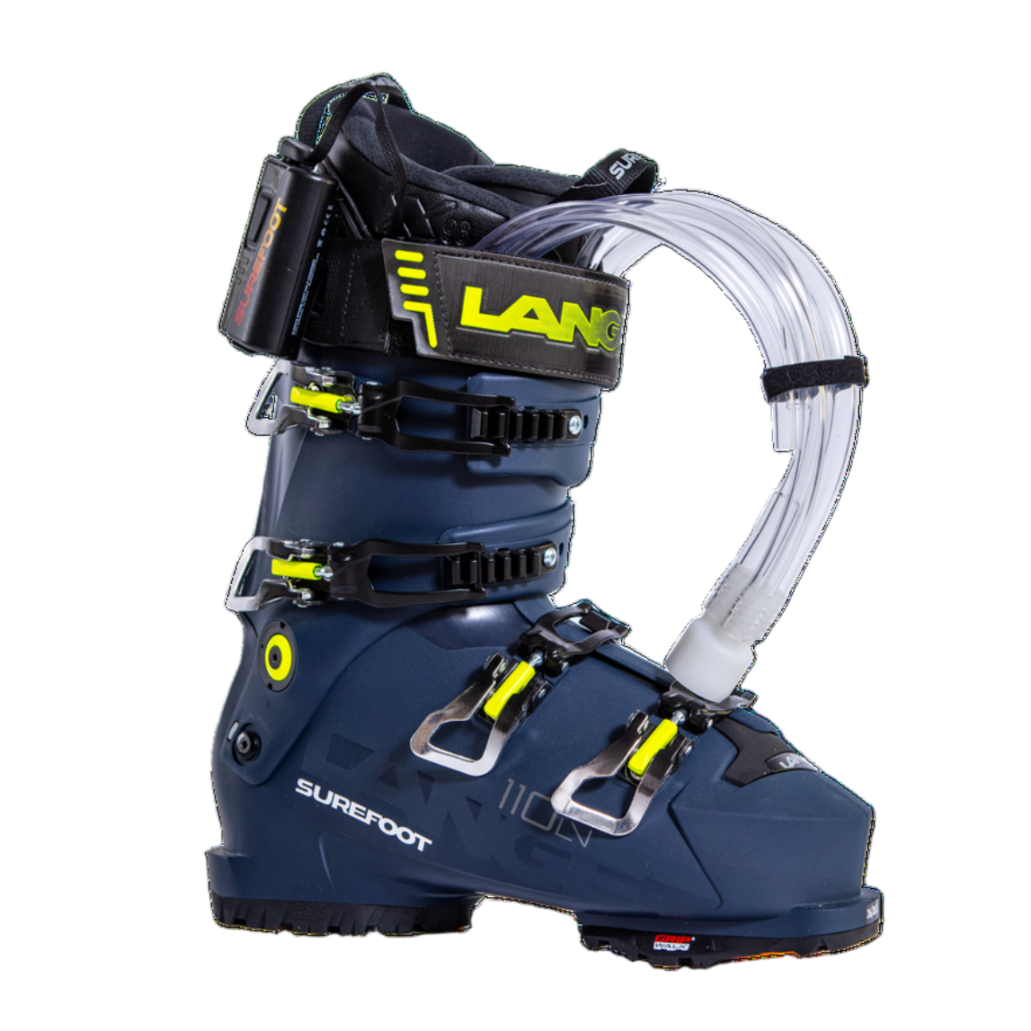 dark blue ski boot with lime green accents on the four buckles and the pwoer strap.