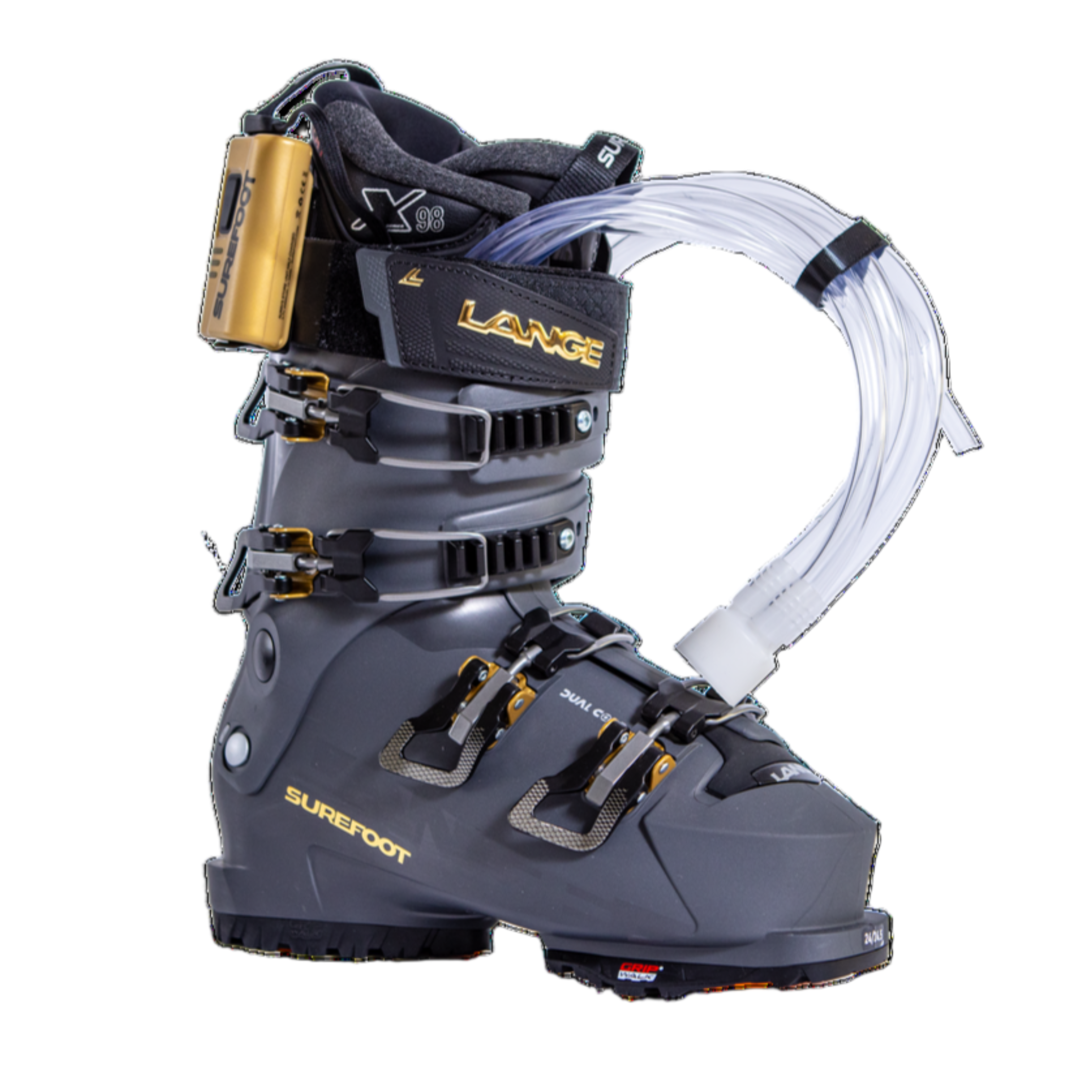 A grey ski boot with four buckles that are black and gold. 