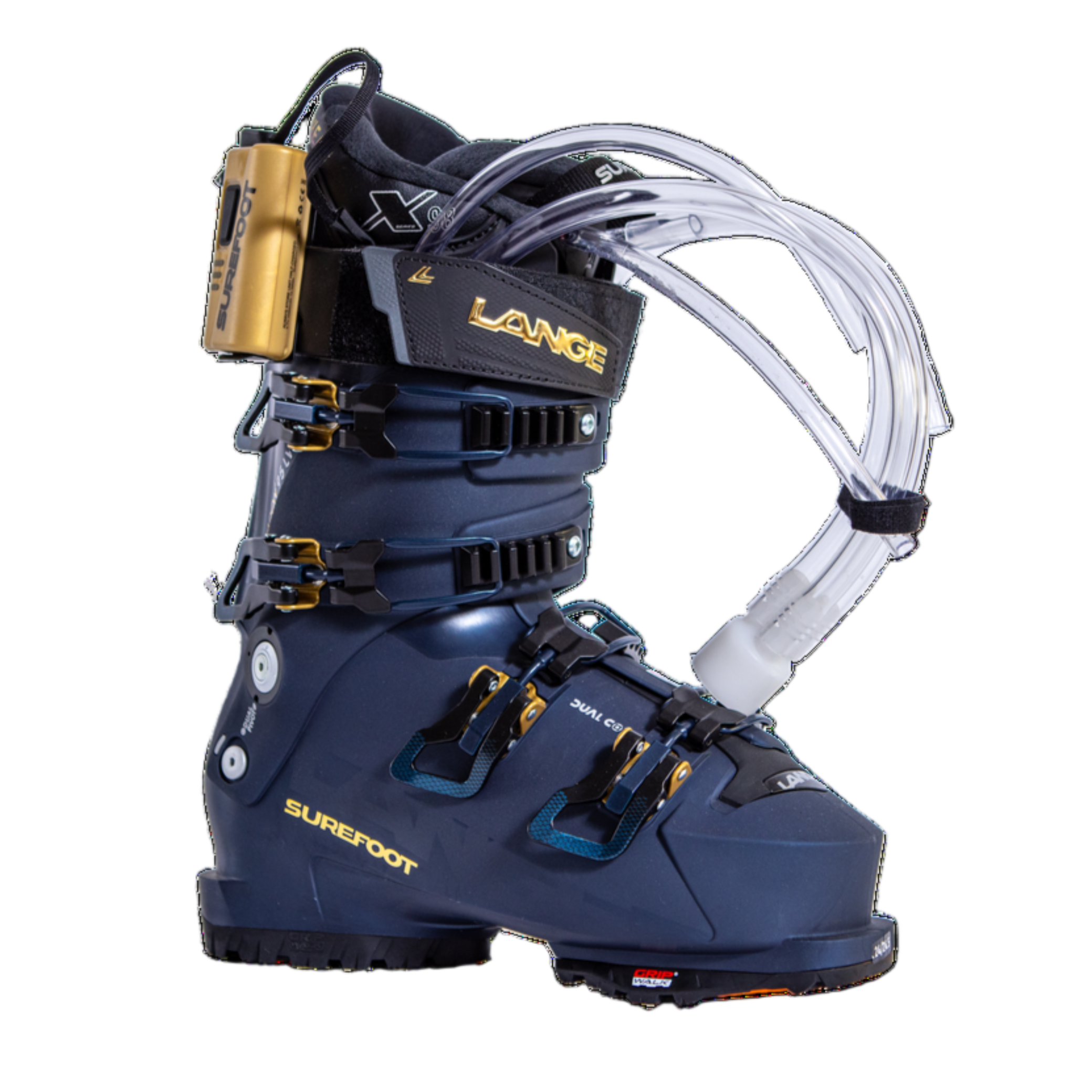 Dark blue women's ski boot with four blue buckles and gold accents throughout. the heater on the power strap matches in gold.