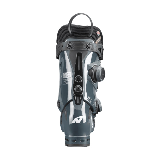 the promachine womens 105 spine the same shiny grey color, the very back of the spine is black with two rivets.