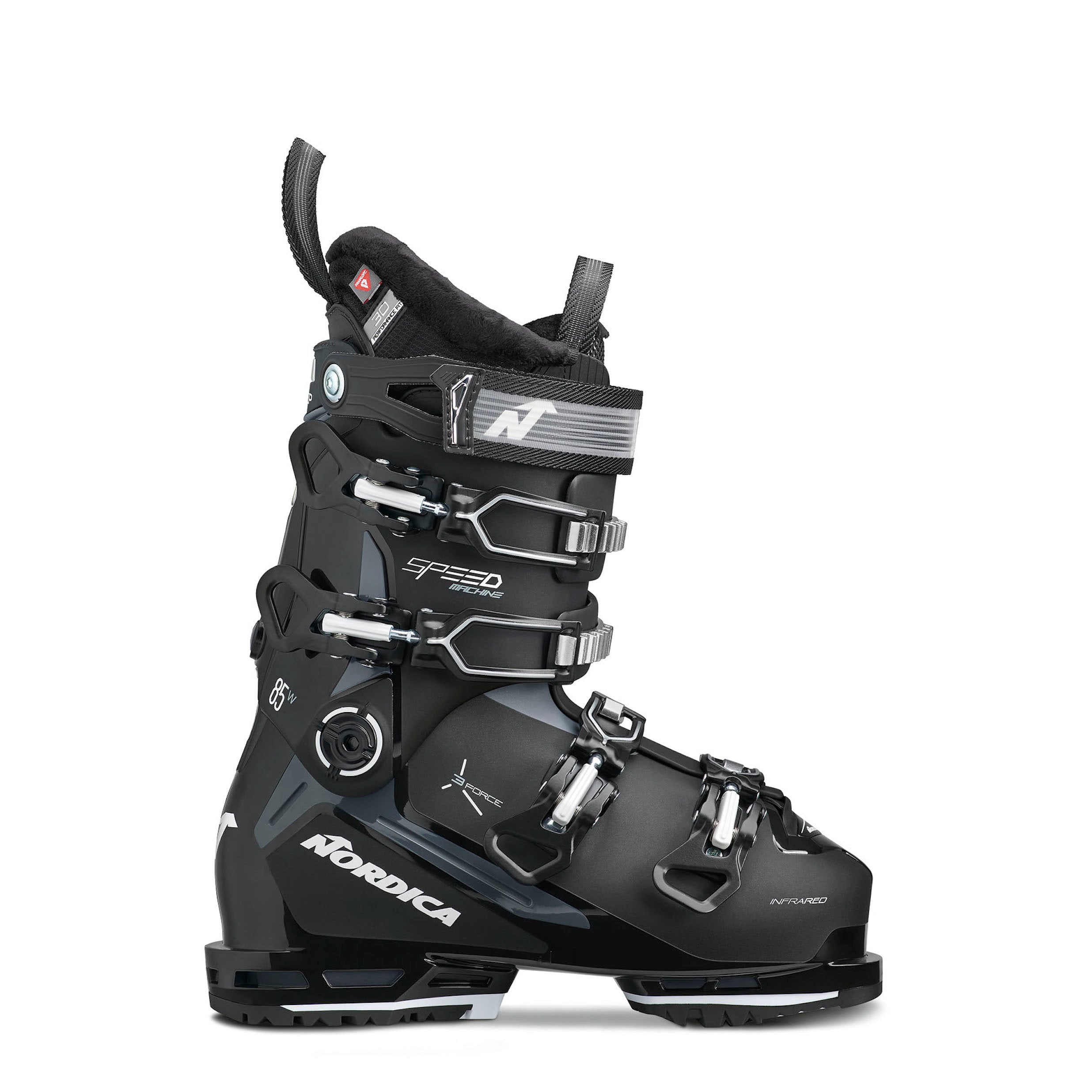 Women's Nordica Speedmachine 3 85 ski boot in black with silver and grey accents.