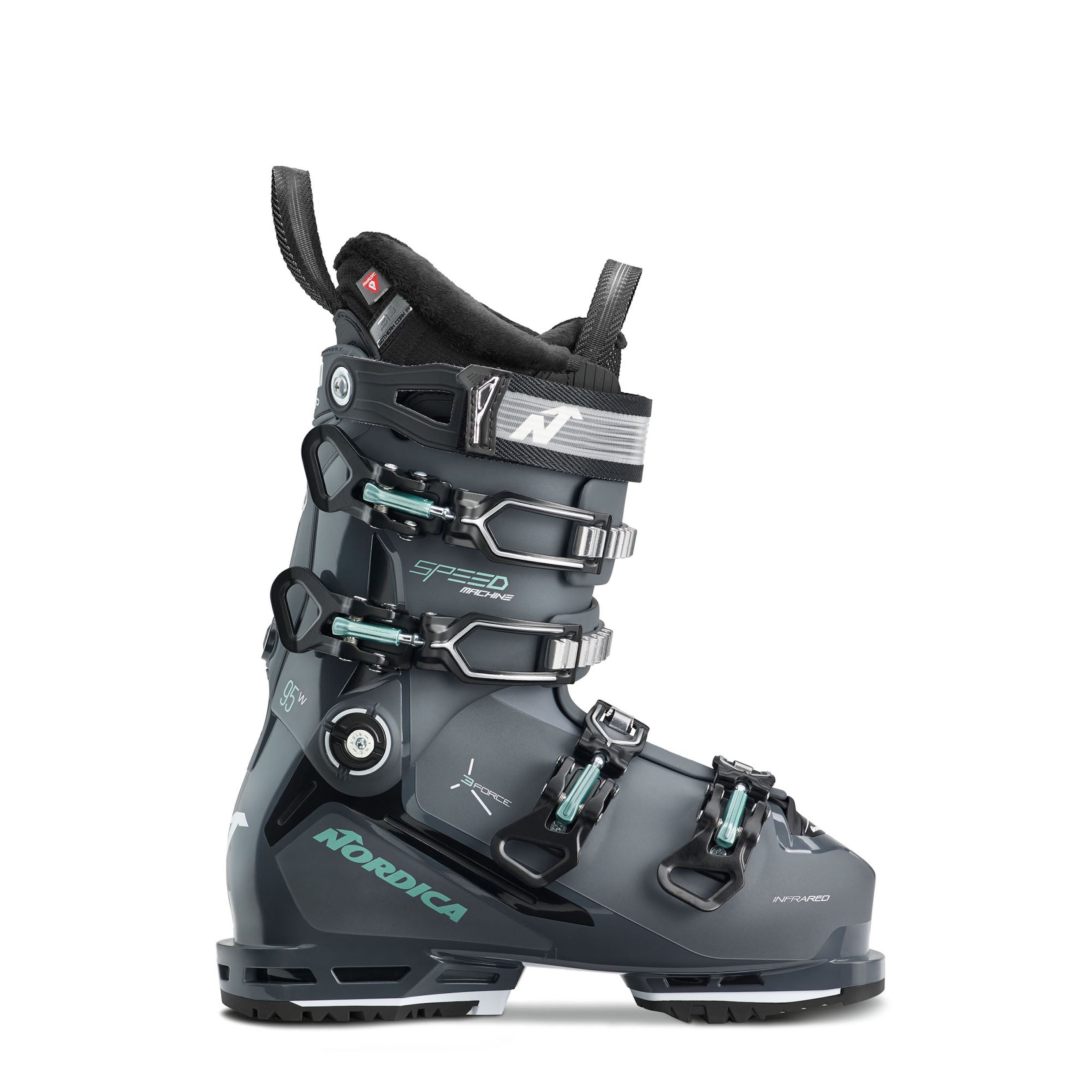 Women's Nordica Speedmachine 3 95 ski boot in blue-grey with light blue accents.