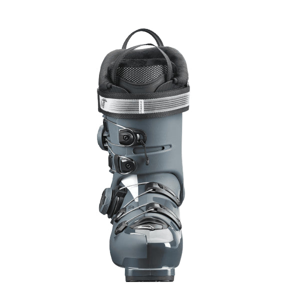 there is a power strap on the top of the boot, the est of the boot is a greysih blue muted color.