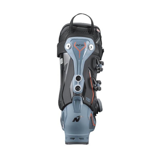 The spine of the sportmachine 110 ski boot is blue with two rivets and the back of the power strap is connected there as well.