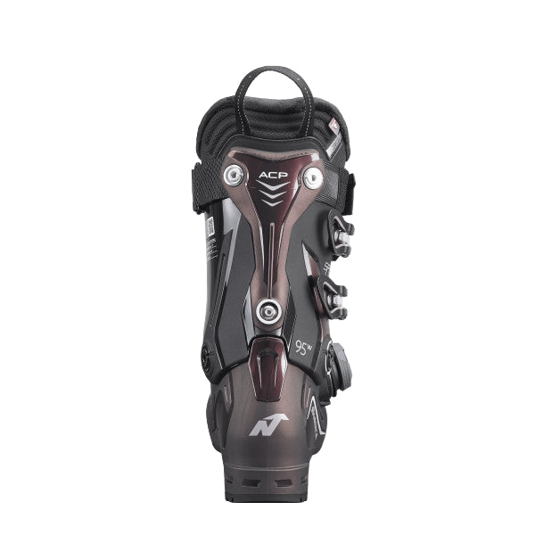 the spine of the ski boot is a dark red color with one rivet.